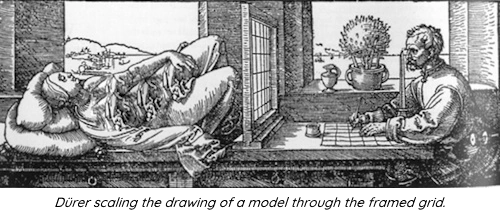 Artist using a grid to achieve correct proportions in a drawing