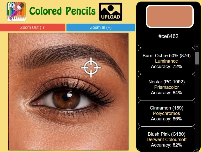 image showing color reference photo of eye with suggested colored pencils to use by PenPick.
